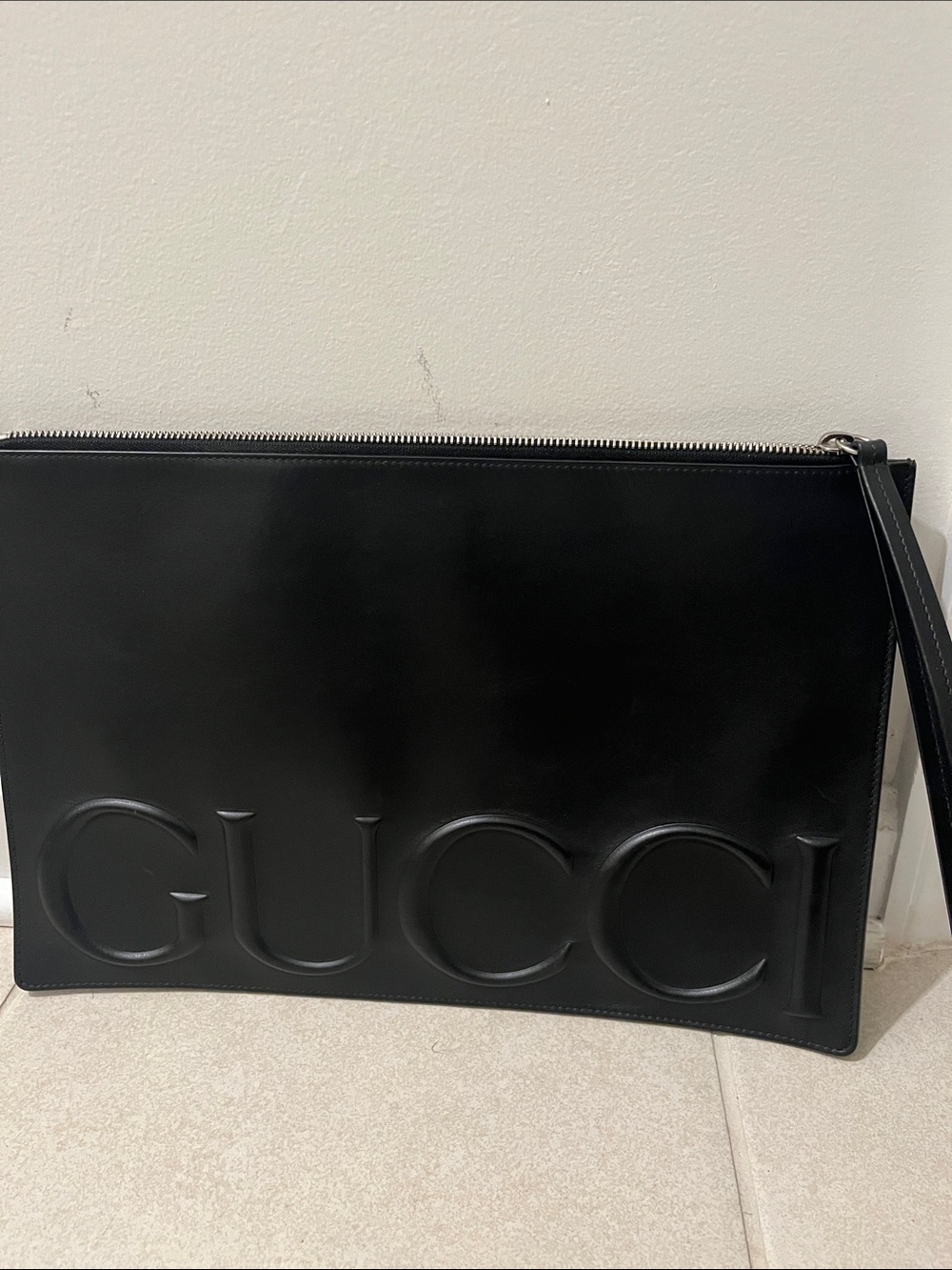 Gucci Black Embossed Logo Leather Toiletry Pouch *Authentic